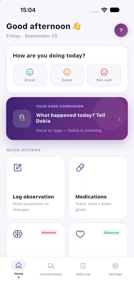 Dokia home screen with a daily check-in, a Talk to Dokia banner, and quick actions